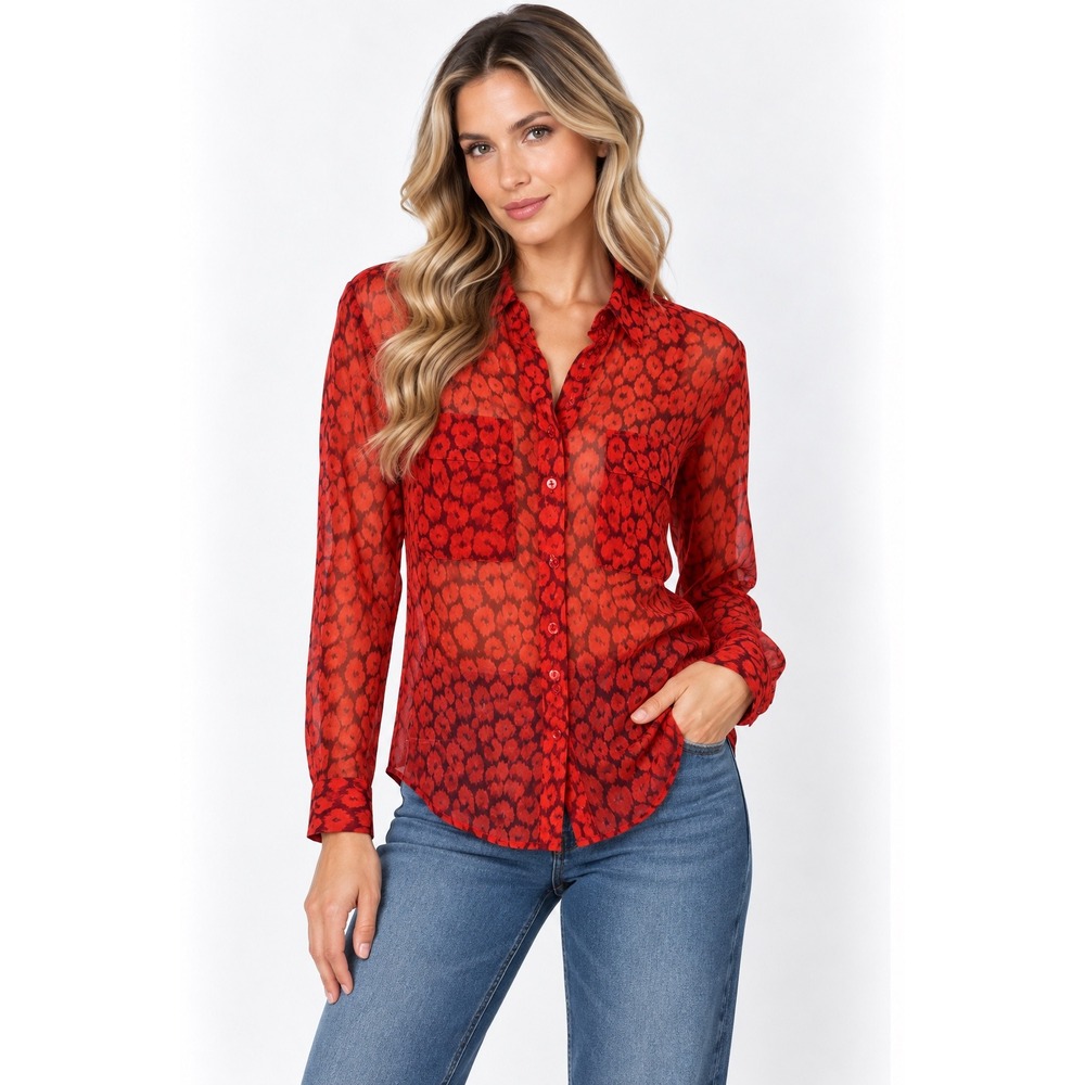 Equipment Silk Button Down Women XS Red Leopard Print Sheer Long Sleeve Shirt